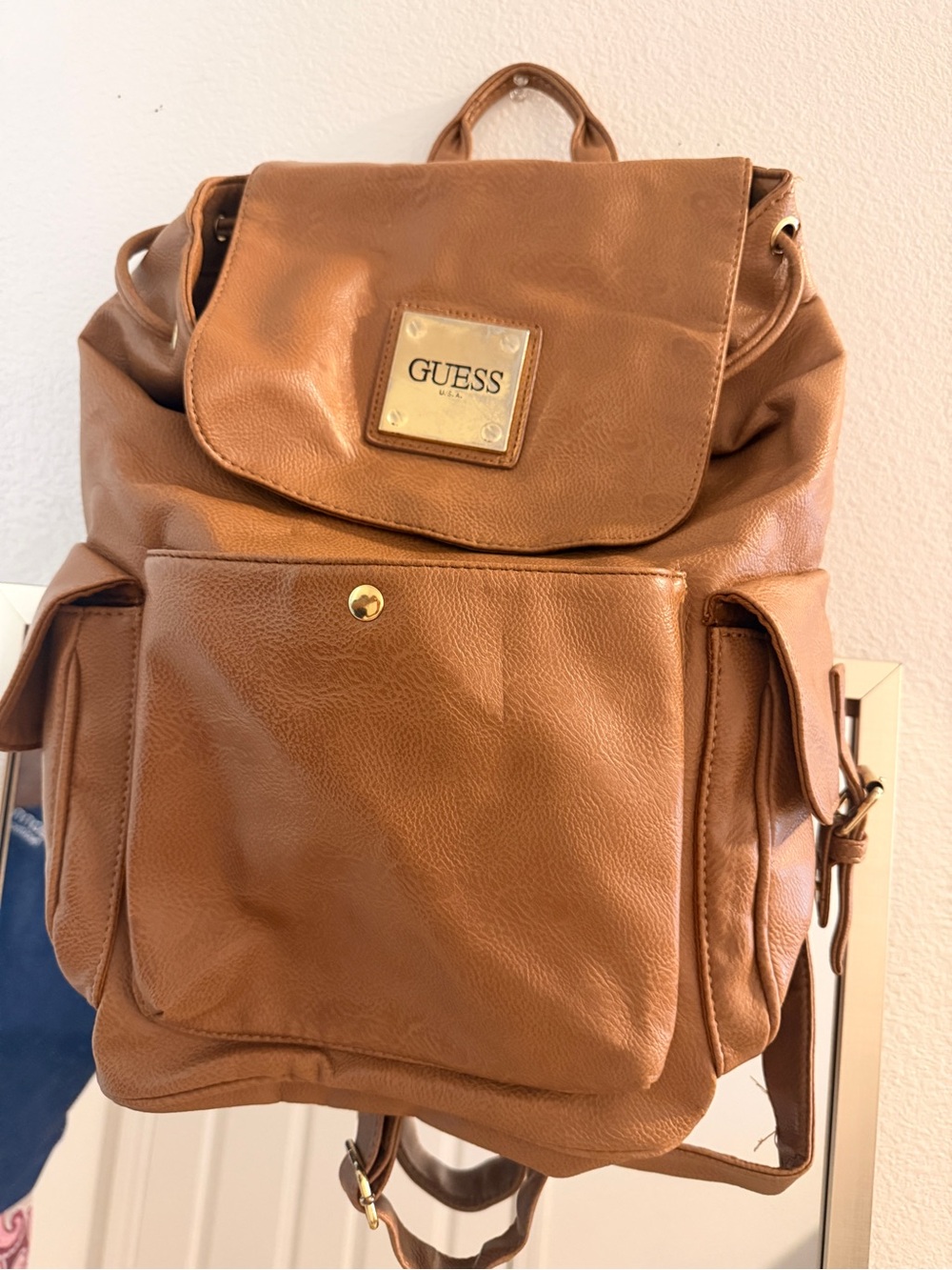 GUESS Men's Tan Faux Leather Backpack with Front Pocket